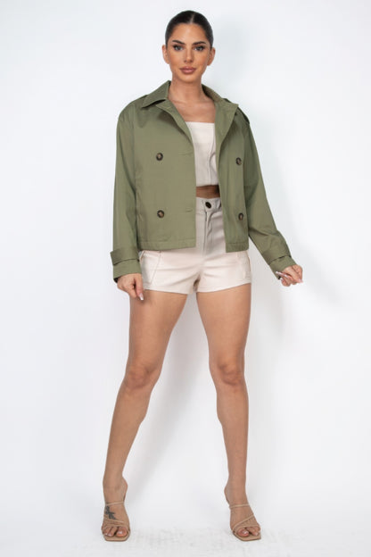 Double-breasted Waist-tie Short Trench Coat in Olive