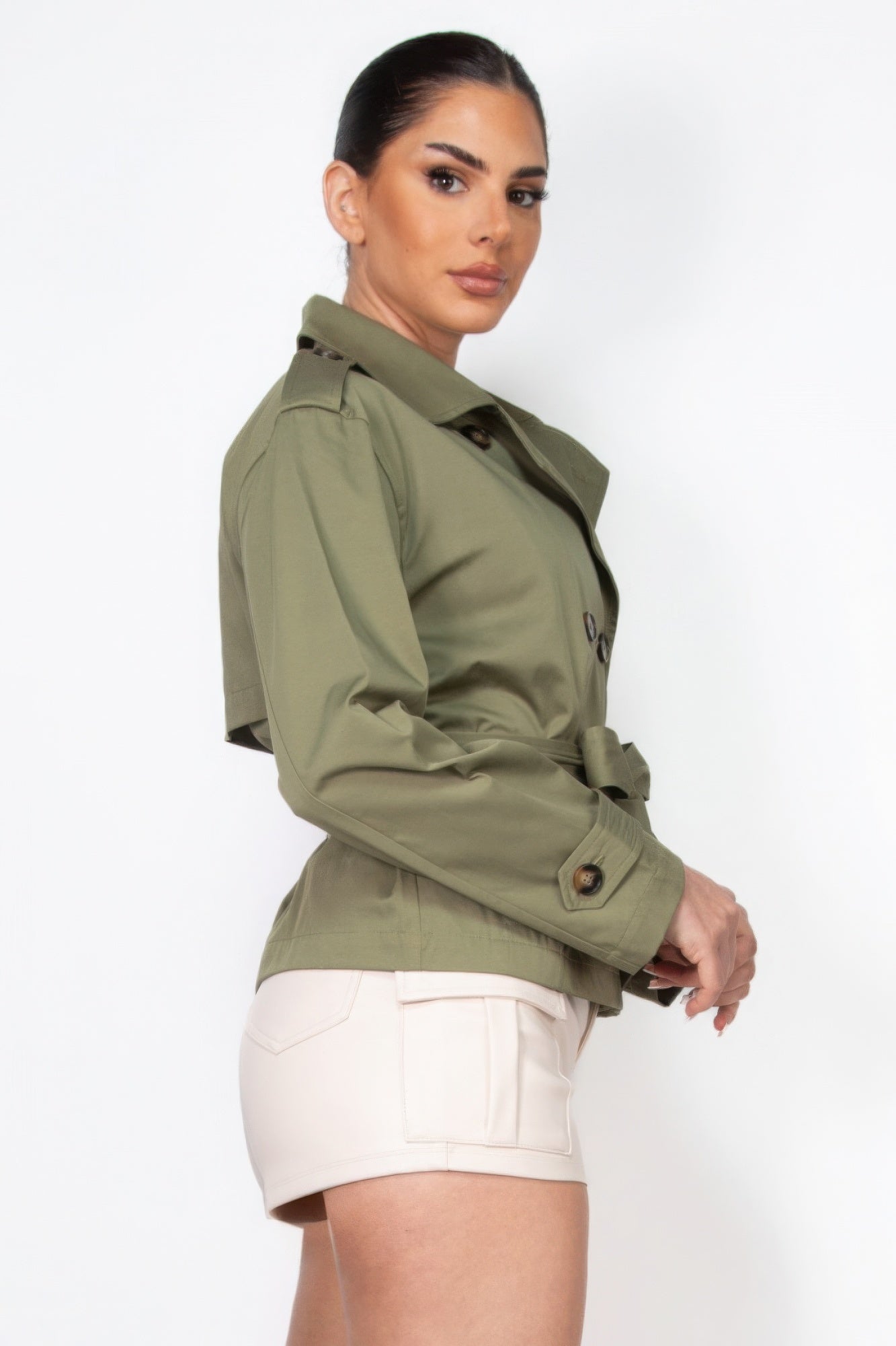 Double-breasted Waist-tie Short Trench Coat in Olive