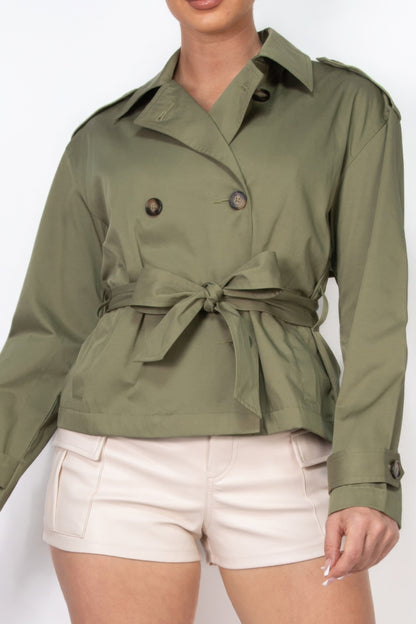 Double-breasted Waist-tie Short Trench Coat in Olive