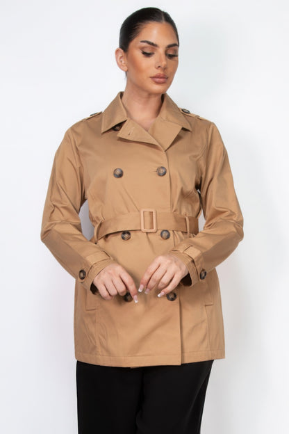 Camel Double-breasted Notch Belted Coat