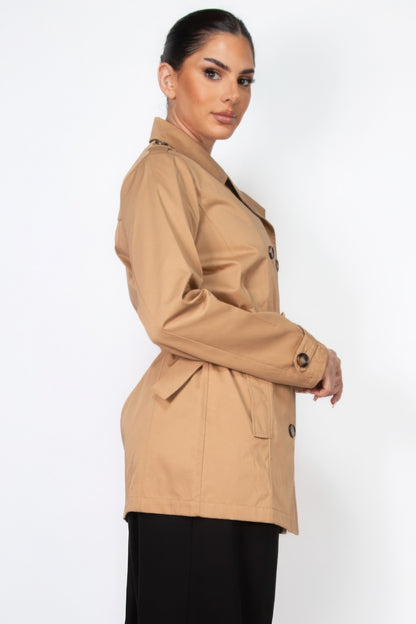 Camel Double-breasted Notch Belted Coat