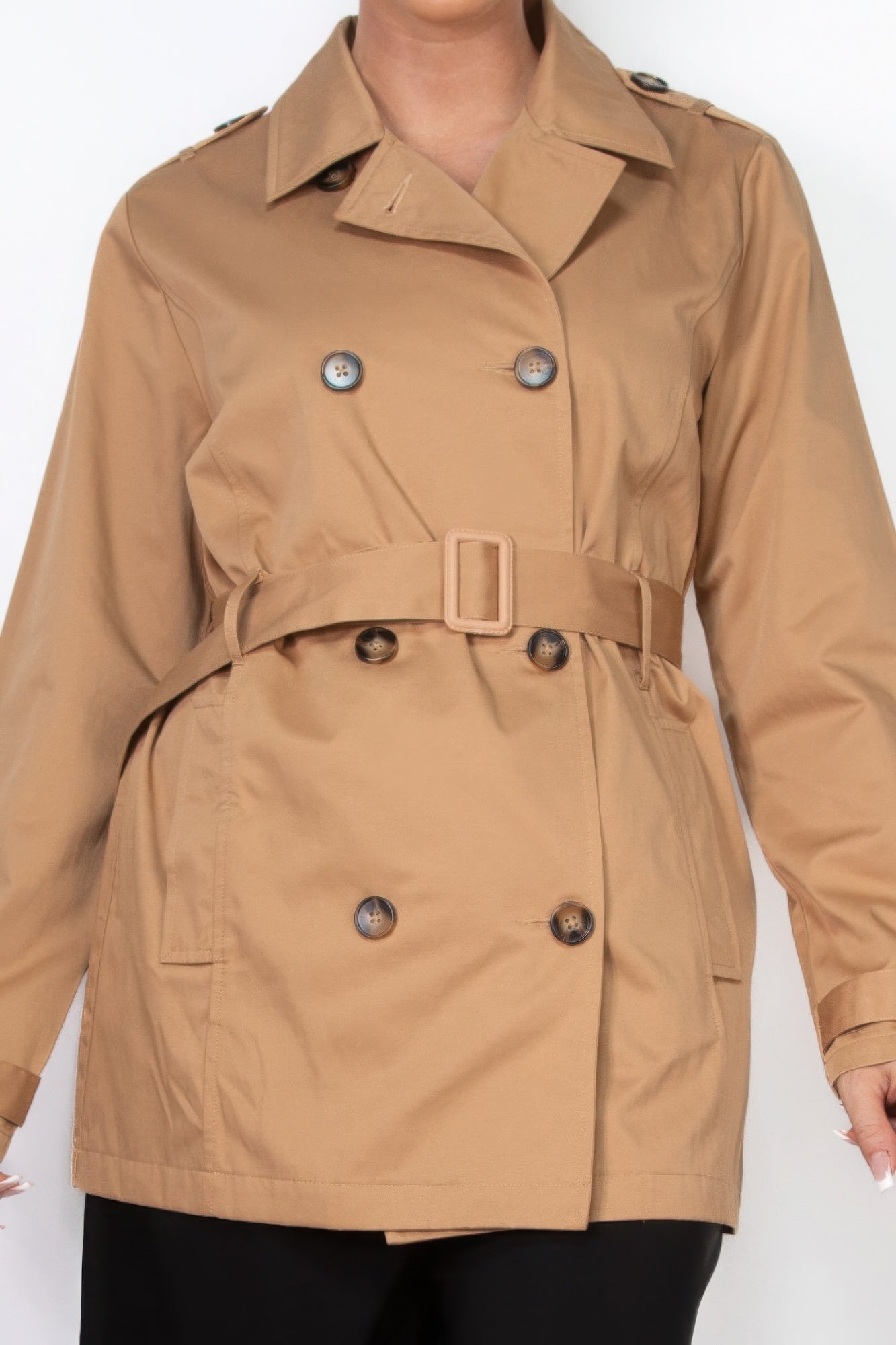 Camel Double-breasted Notch Belted Coat