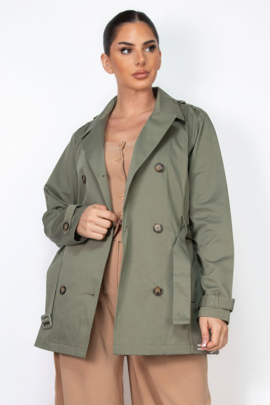 Double-breasted Notch Belted Coat in Dark Olive