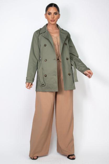 Double-breasted Notch Belted Coat in Dark Olive