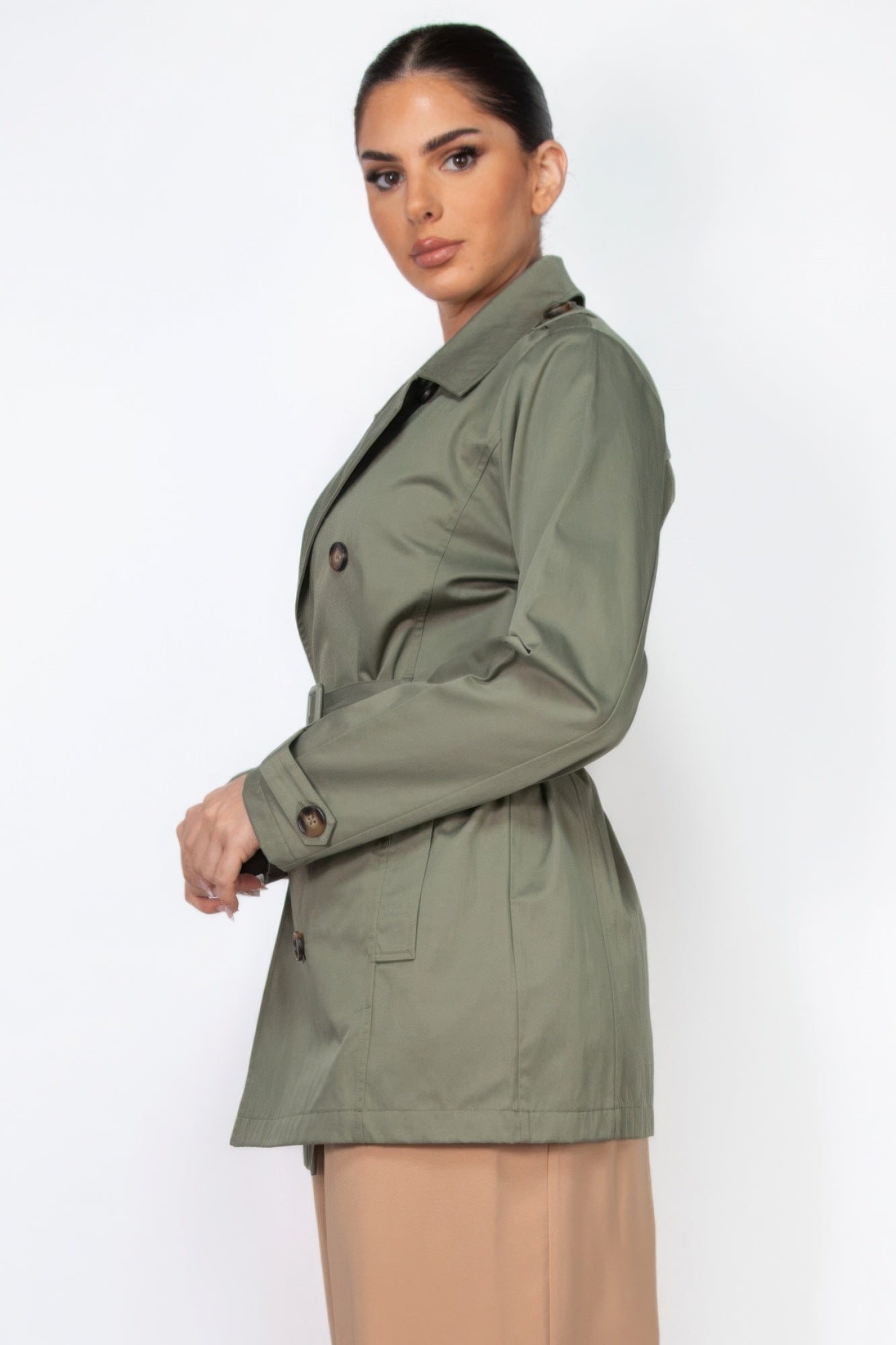 Double-breasted Notch Belted Coat in Dark Olive