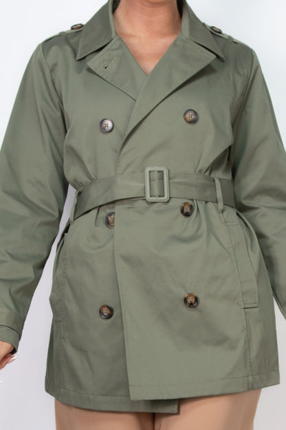 Double-breasted Notch Belted Coat in Dark Olive