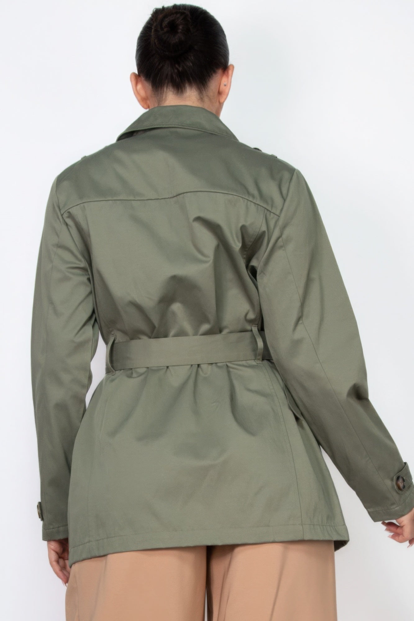 Double-breasted Notch Belted Coat in Dark Olive