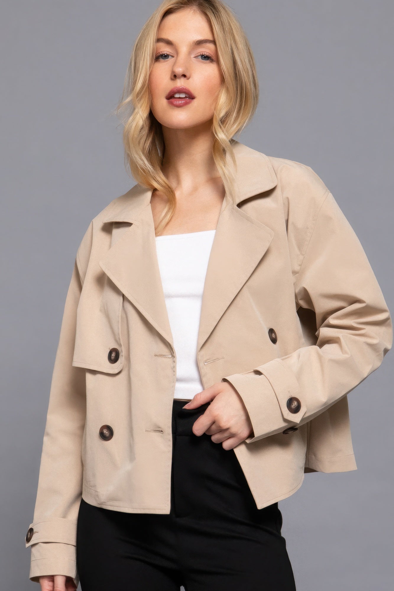 Beige Double Breasted Short Trench Jacket