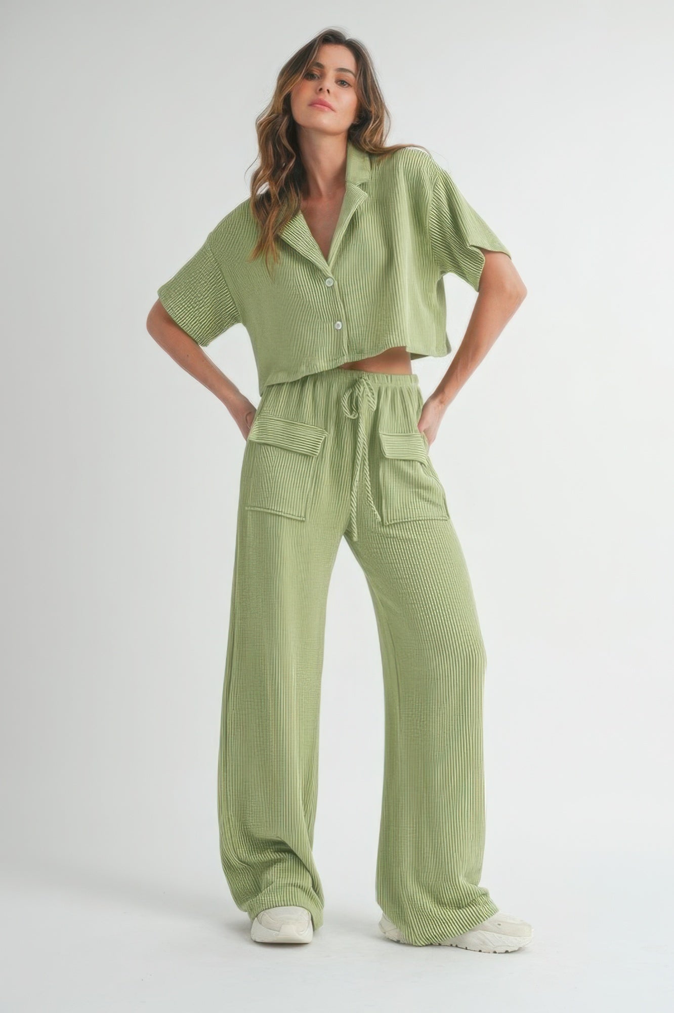 2 Piece Button up Cropped Top & Loose Waist-tie Pants Set in Color Sage