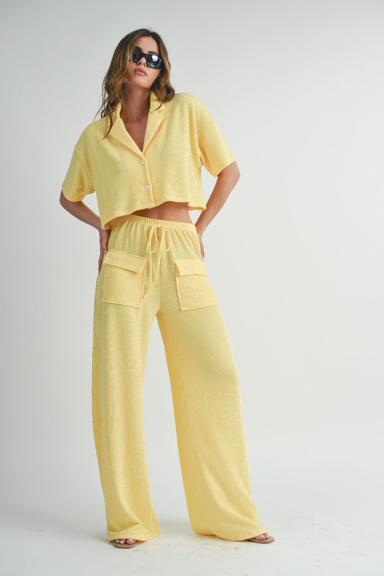 2 Piece Button up Crop Shirt & Loosed Waist-tie Pants Set