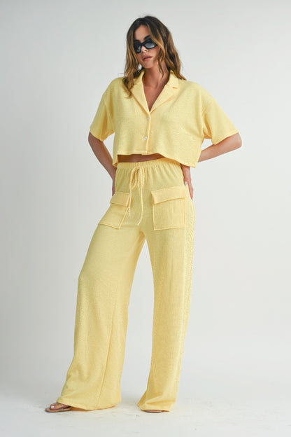 2 Piece Button up Crop Shirt & Loosed Waist-tie Pants Set