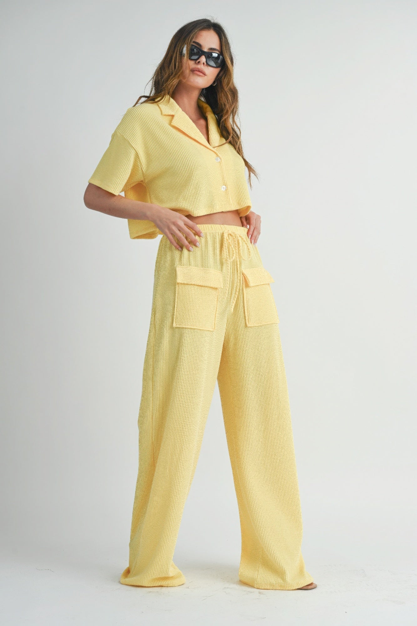 2 Piece Button up Crop Shirt & Loosed Waist-tie Pants Set