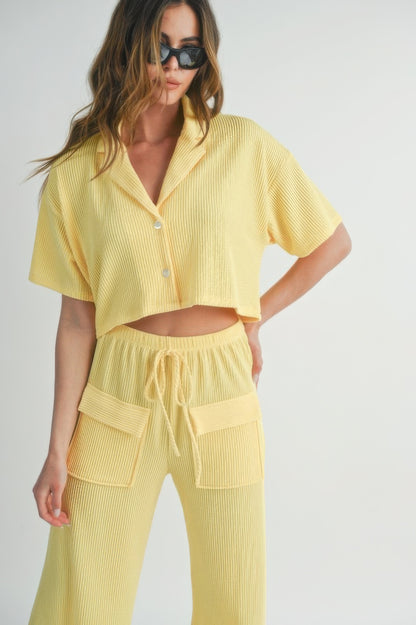 2 Piece Button up Crop Shirt & Loosed Waist-tie Pants Set