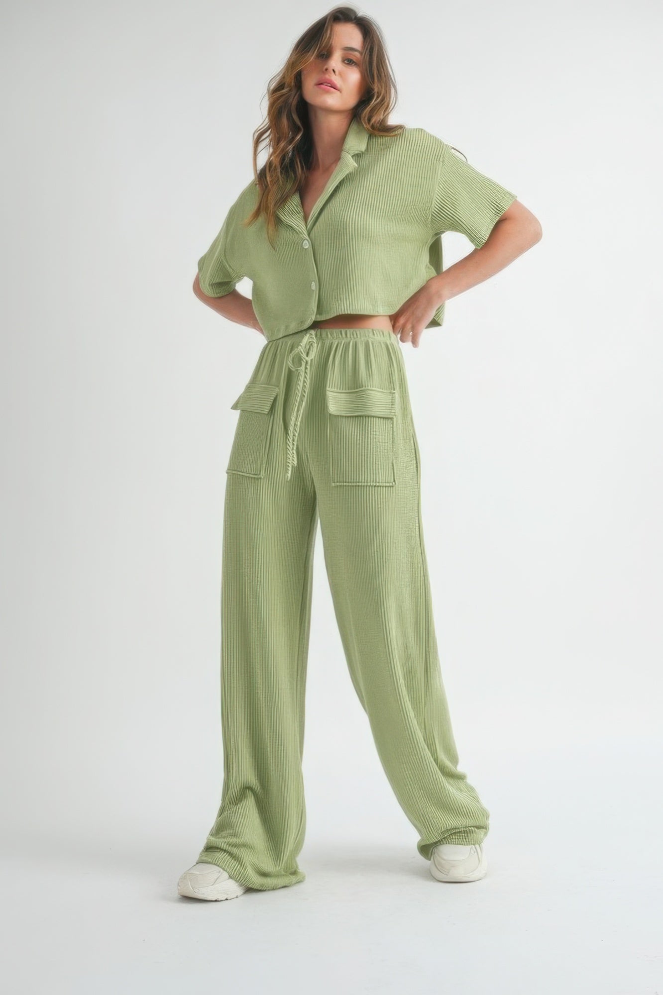 2 Piece Button up Cropped Top & Loose Waist-tie Pants Set in Color Sage