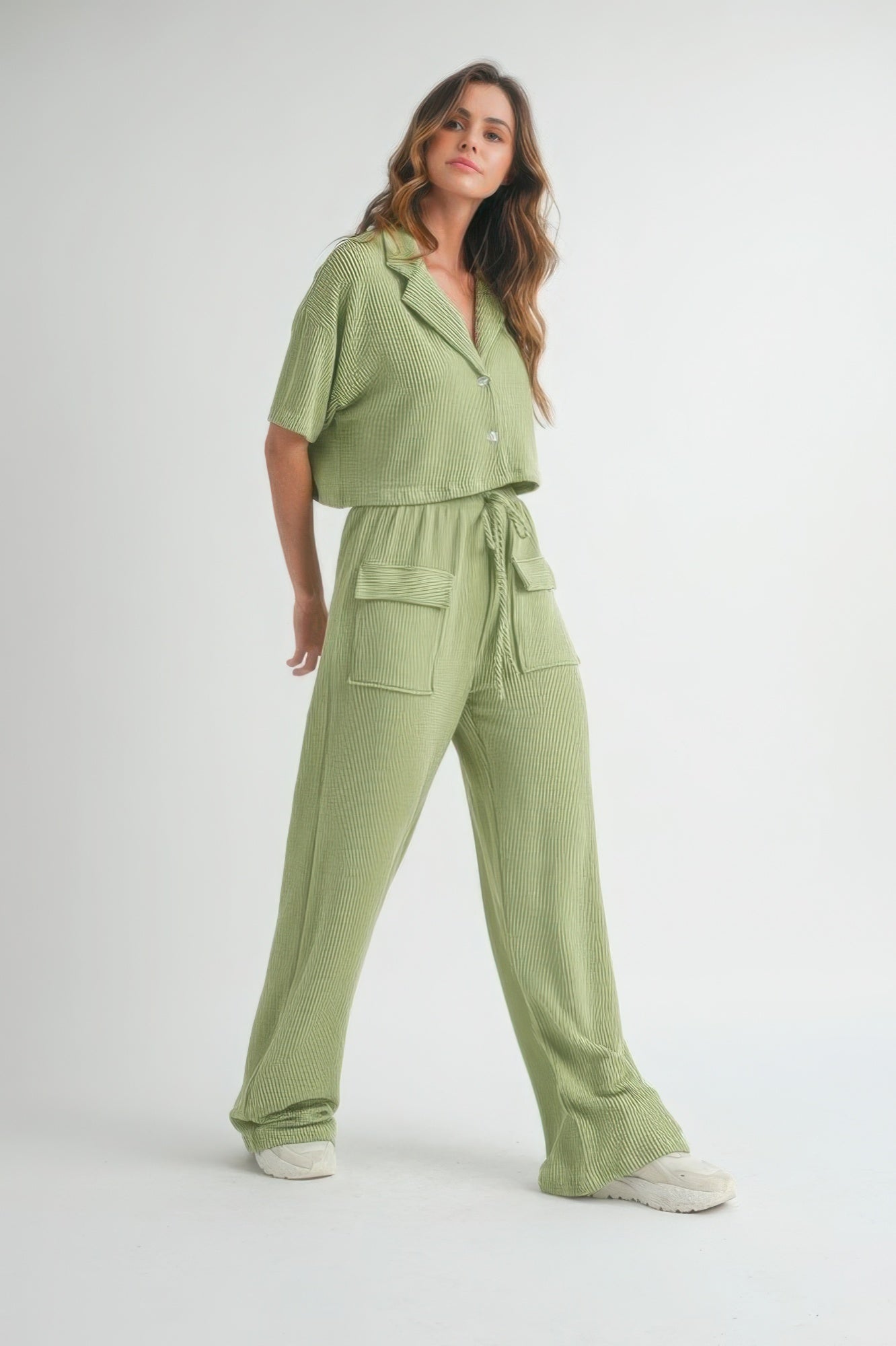 2 Piece Button up Cropped Top & Loose Waist-tie Pants Set in Color Sage