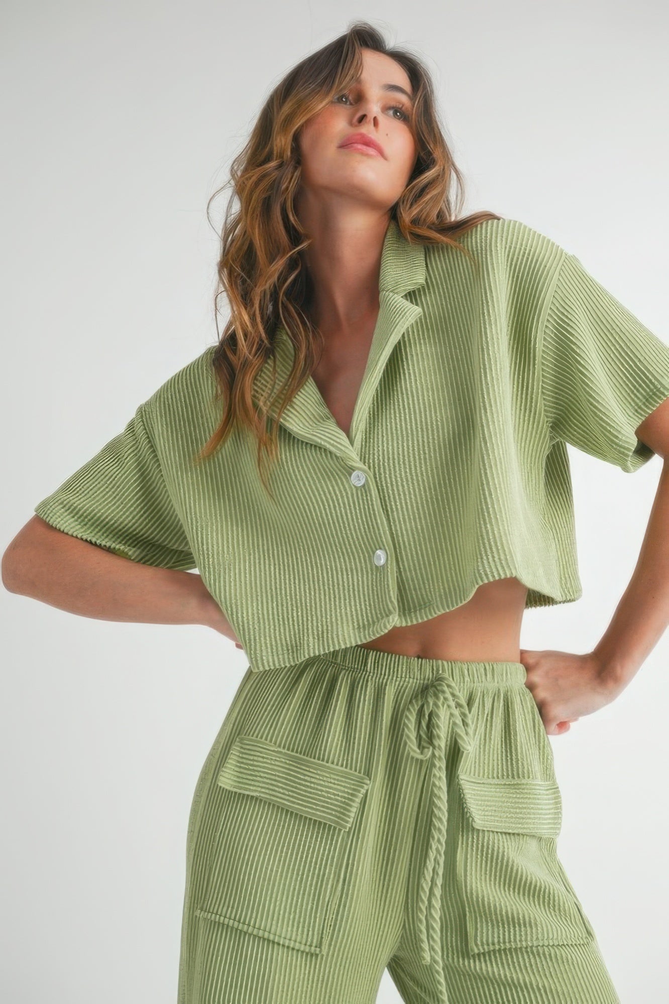 2 Piece Button up Cropped Top & Loose Waist-tie Pants Set in Color Sage