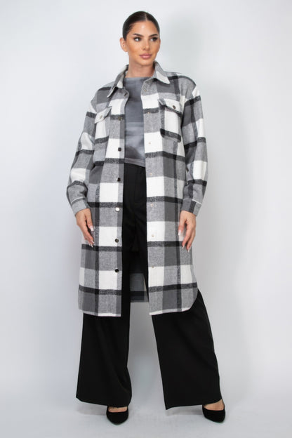 Long Plaid Buttoned Shacket Coat