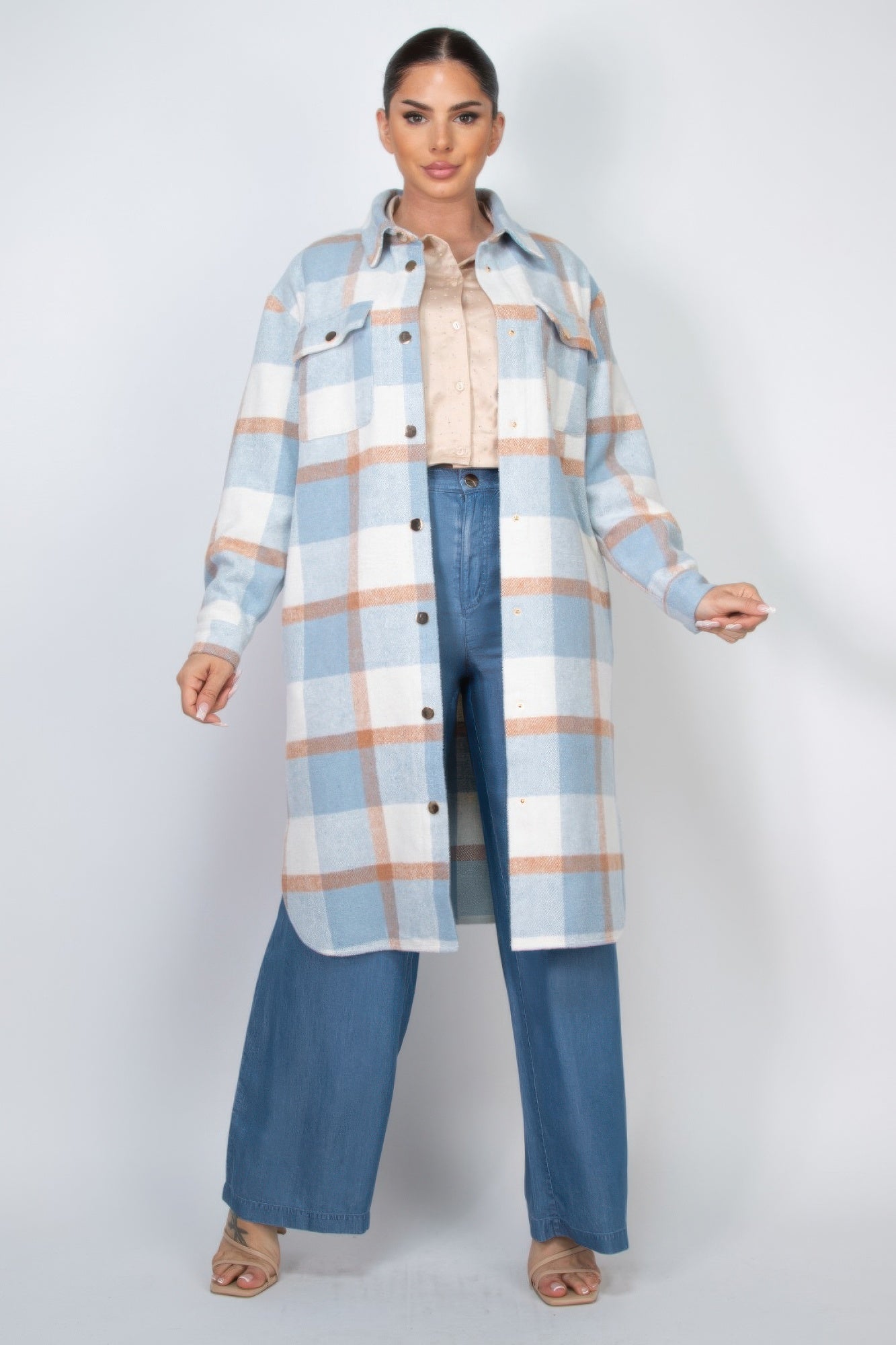 Long Plaid Buttoned Shacket Coat