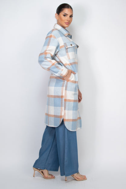 Long Plaid Buttoned Shacket Coat