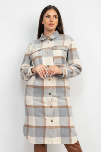 Long Plaid Buttoned Shacket Coat