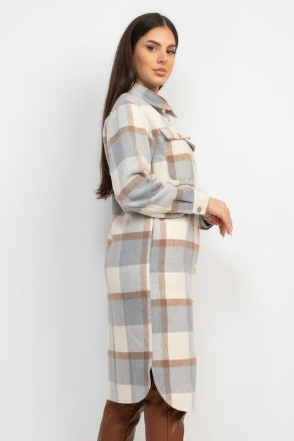 Long Plaid Buttoned Shacket Coat