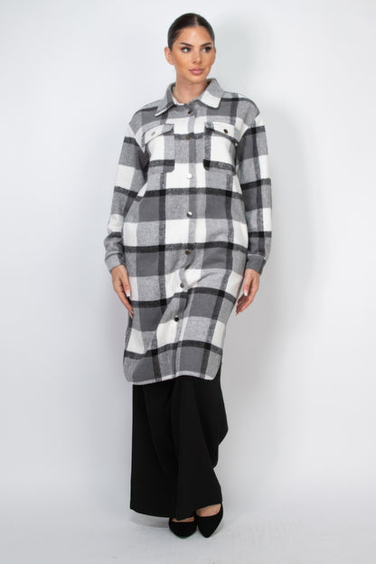 Long Plaid Buttoned Shacket Coat