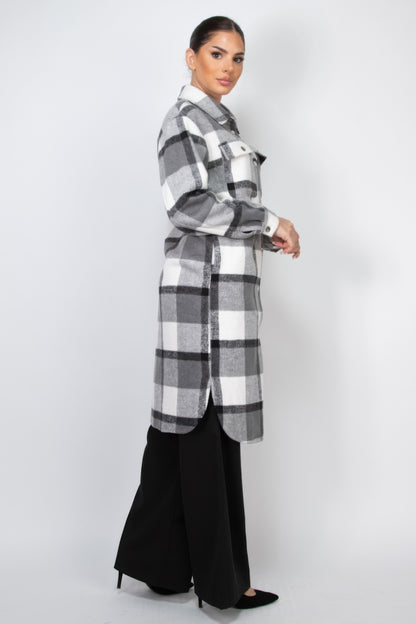 Long Plaid Buttoned Shacket Coat