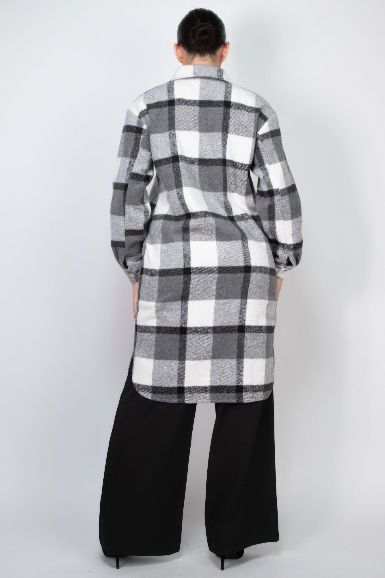 Long Plaid Buttoned Shacket Coat