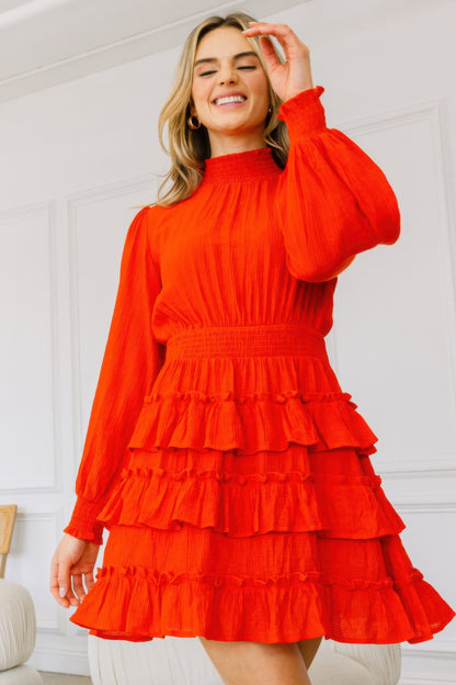 Orange Long Sleeve Smocked Neck Tiered Ruffle Mini Dress