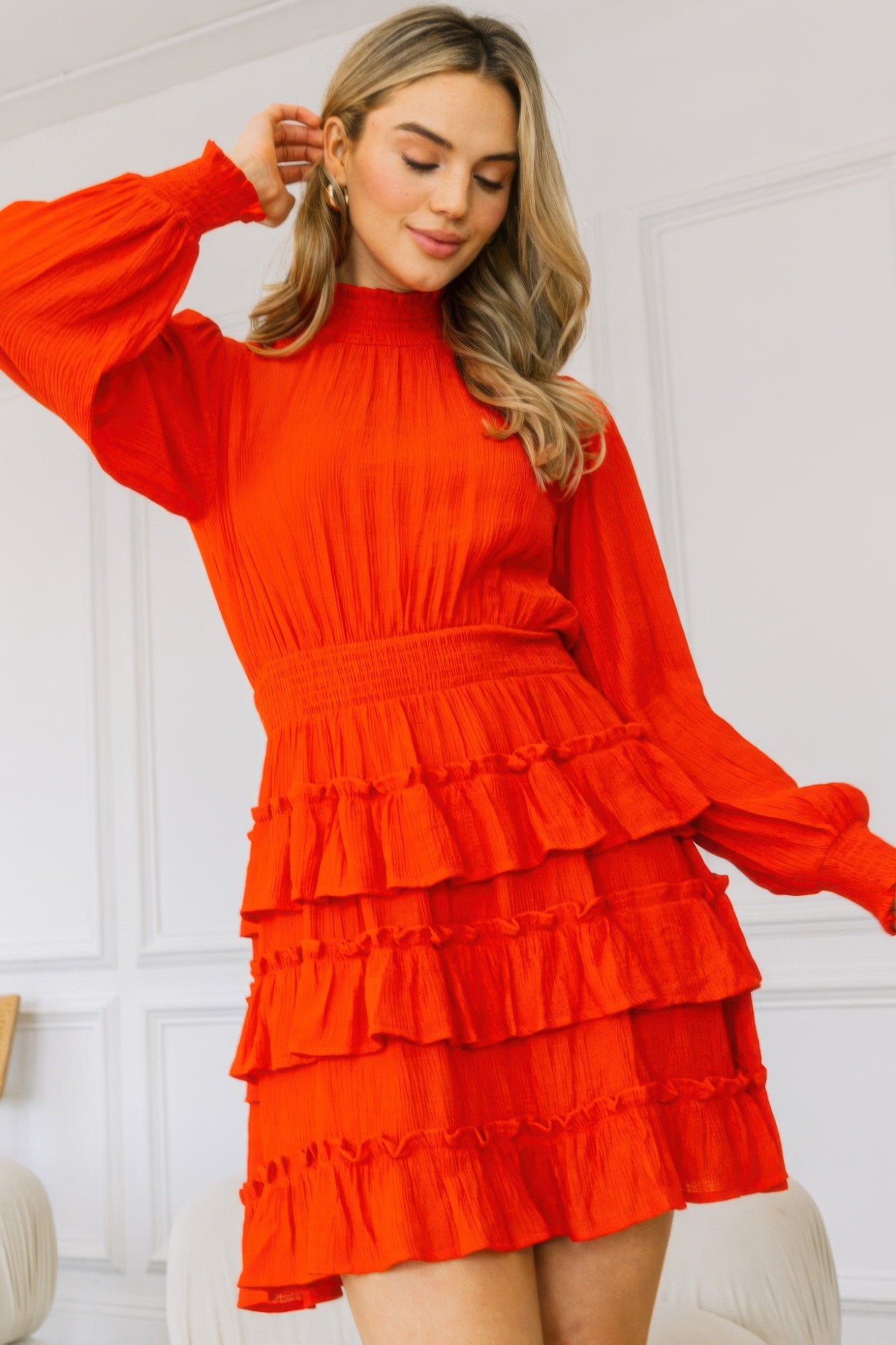 Orange Long Sleeve Smocked Neck Tiered Ruffle Mini Dress