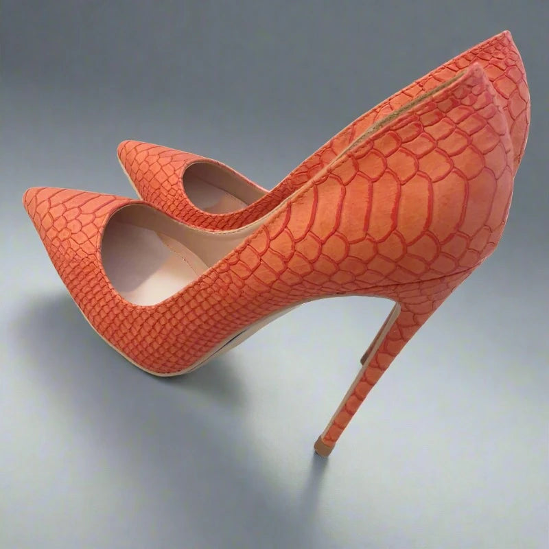 TIKICUP Orange Croc-Print Pointy Toe Stiletto Pumps