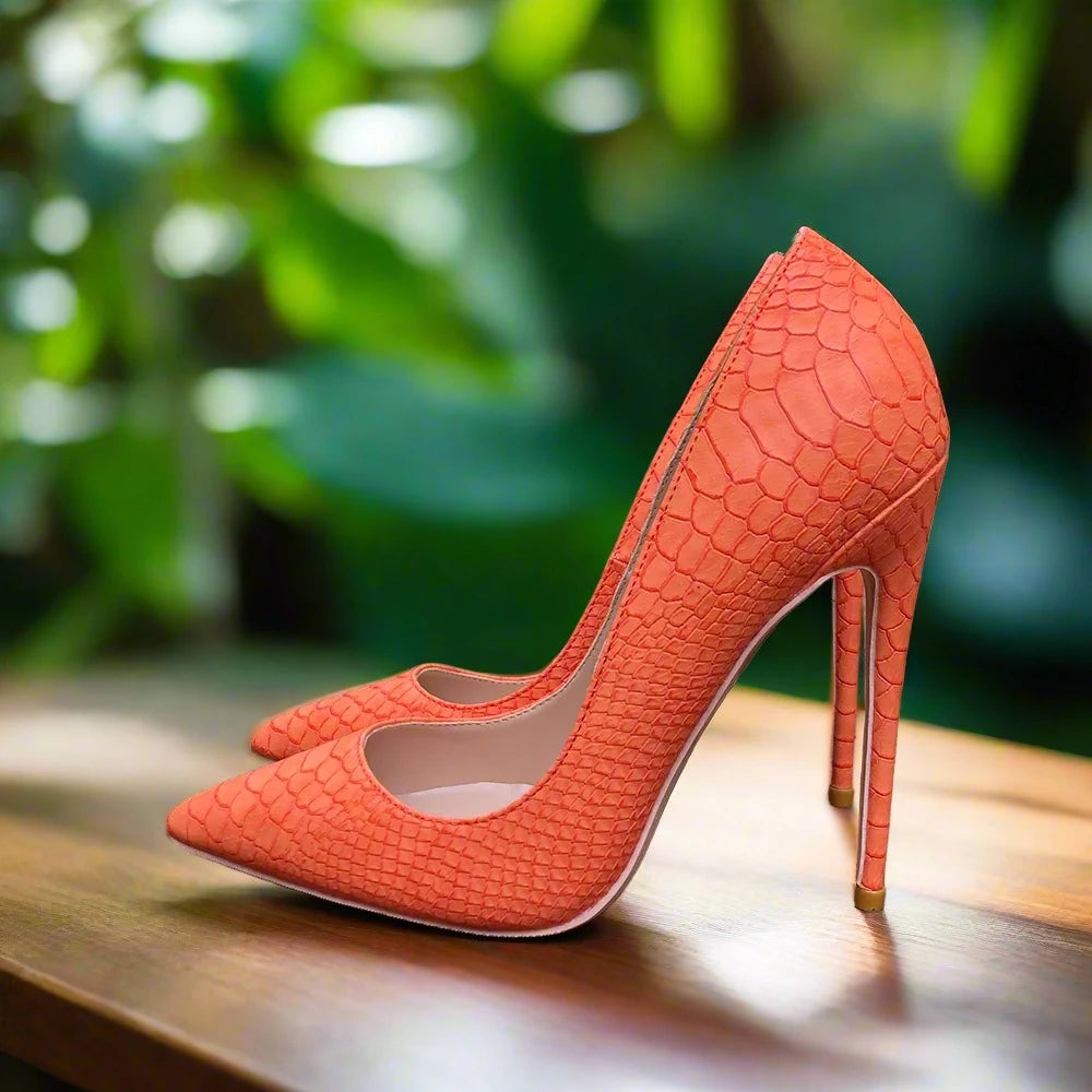 TIKICUP Orange Croc-Print Pointy Toe Stiletto Pumps