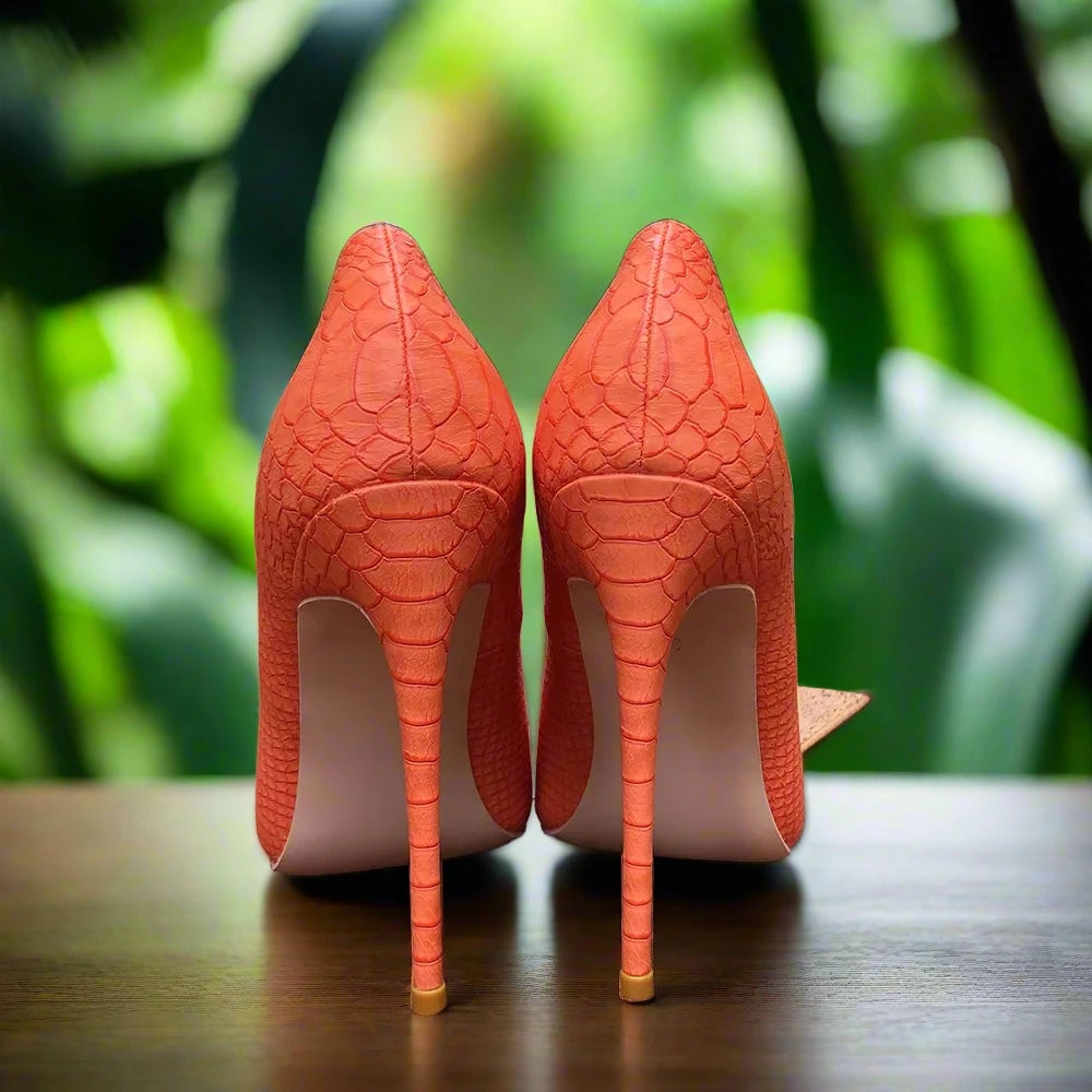 TIKICUP Orange Croc-Print Pointy Toe Stiletto Pumps