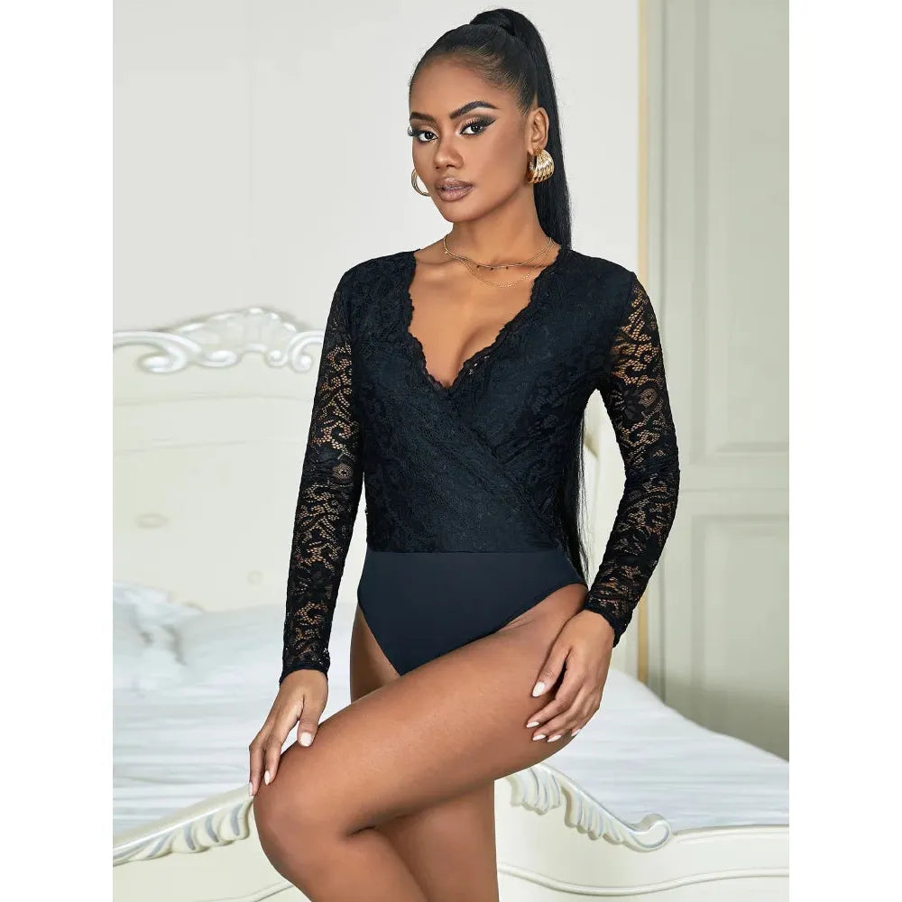 Long Sleeves Lace Bodysuit (M-3XL)