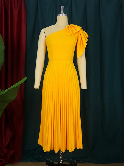 AOMEI Yellow Full-size One-Shoulder Pleated Cocktail Dress