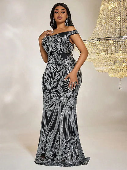 Plus Size Off-the-Shoulder Sequin Mermaid Formal Dress