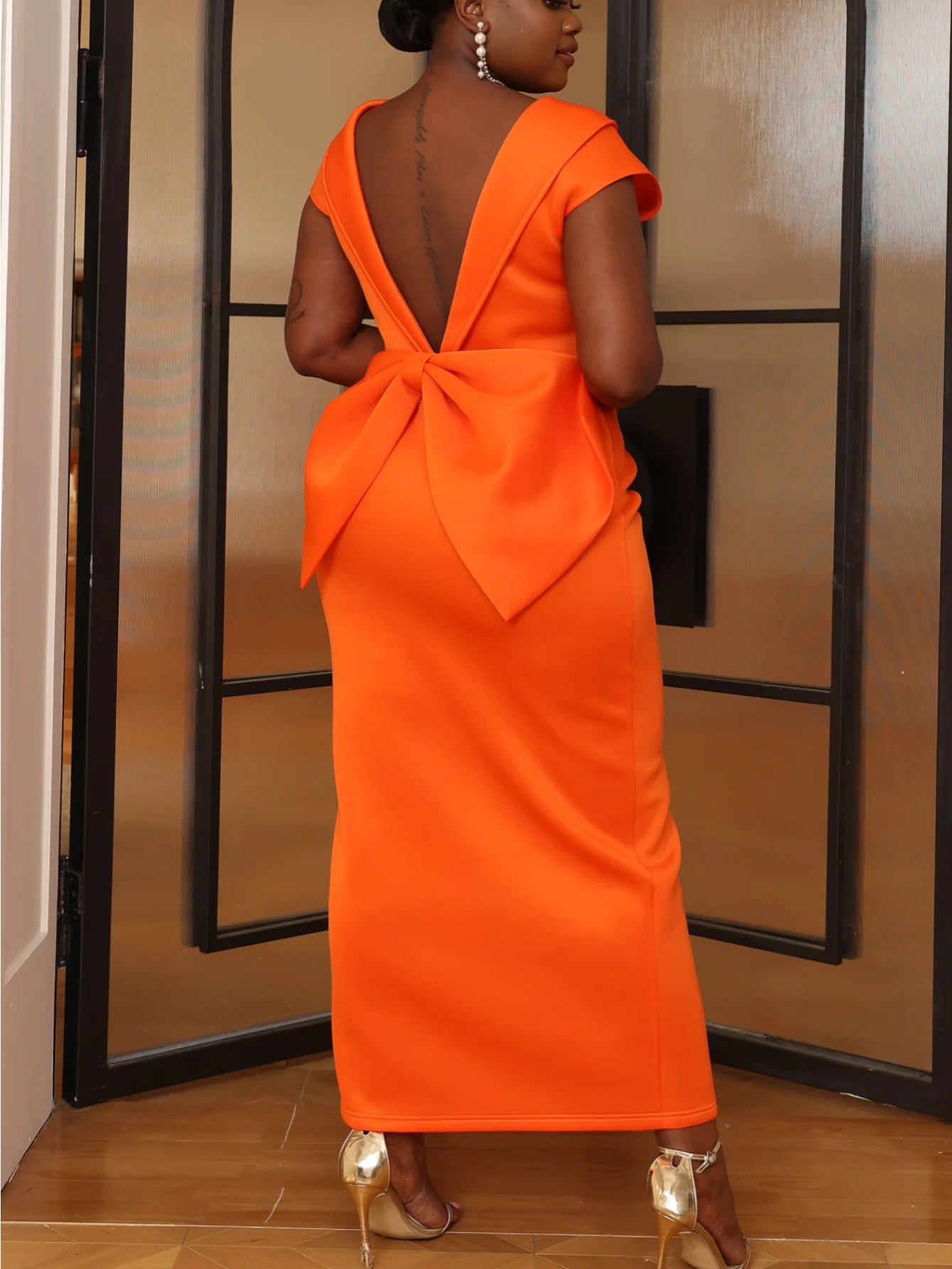 AOMEI Orange Split Cocktail Dress with Low-V Back & Big Bow- Full Size