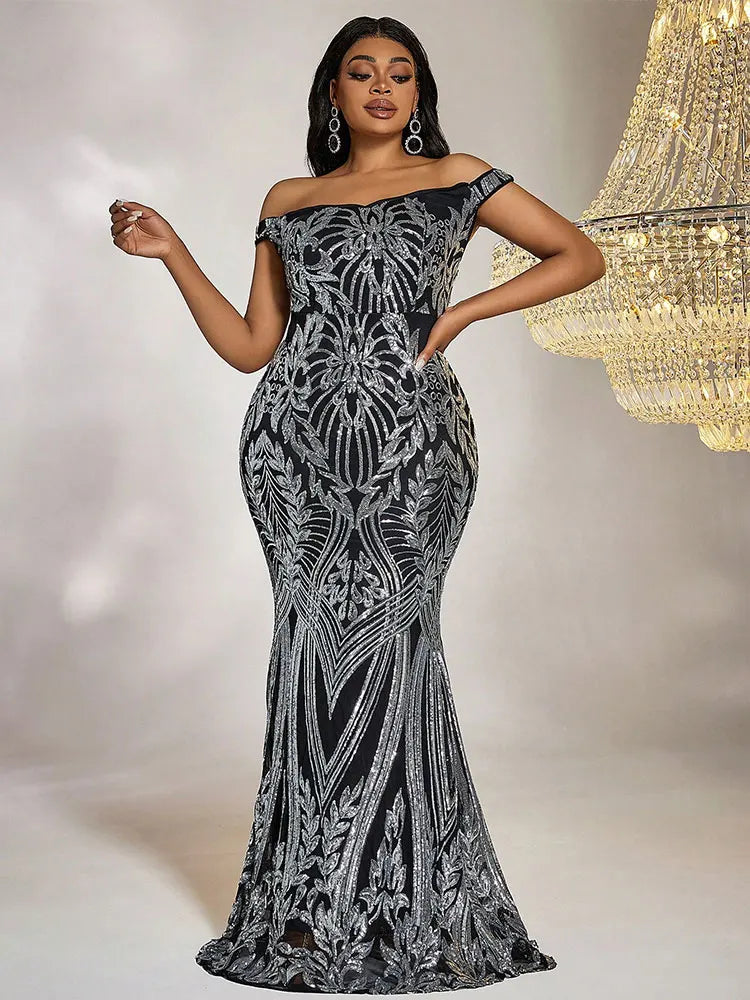 Plus Size Off-the-Shoulder Sequin Mermaid Formal Dress