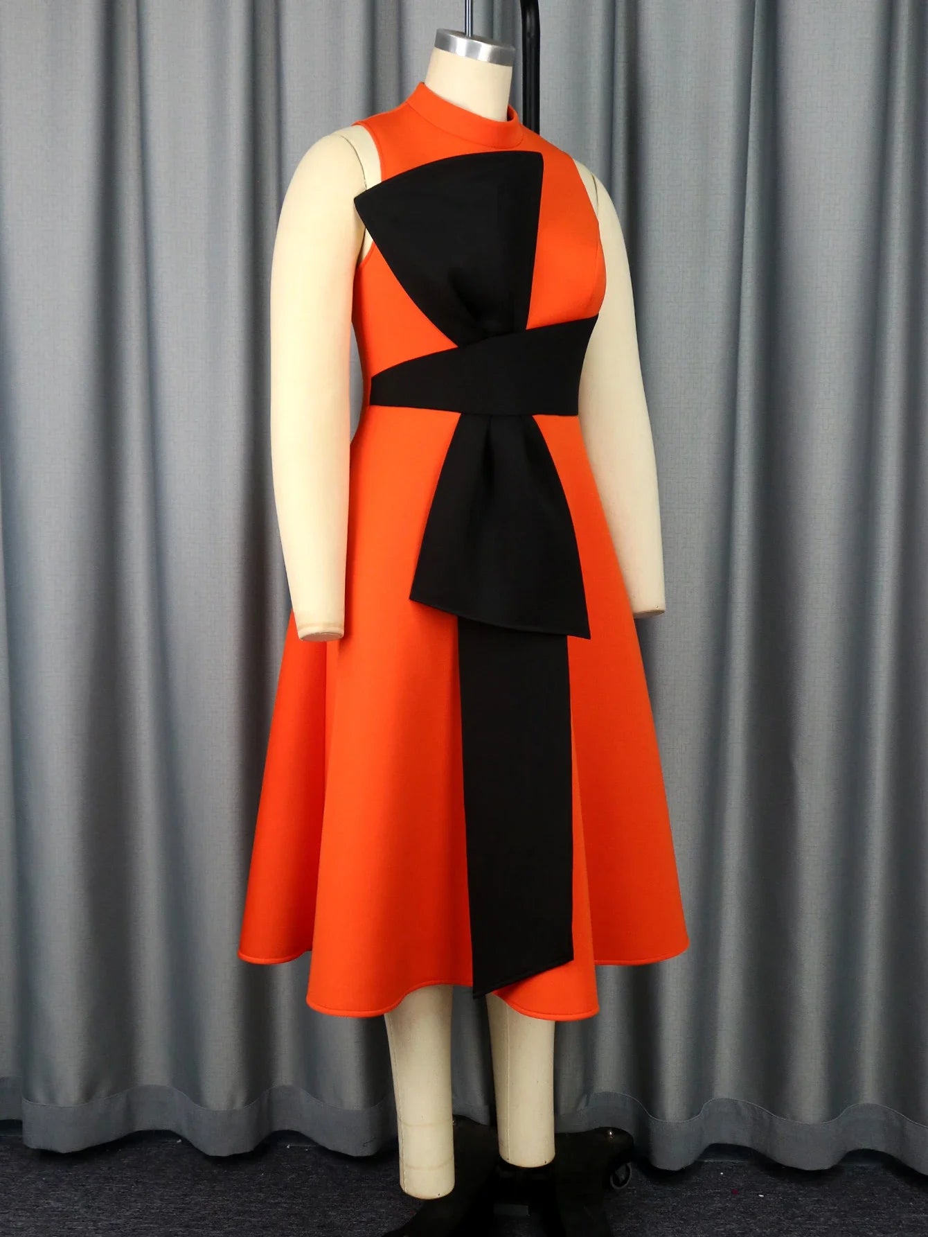 2024 Classy Trendy Plus Size  A Line Dress Sleeveless Orange Black Bowtie High Waist Wedding Guest Evening Cocktial Party Gowns