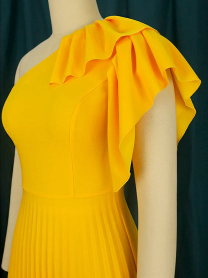 AOMEI Yellow Full-size One-Shoulder Pleated Cocktail Dress