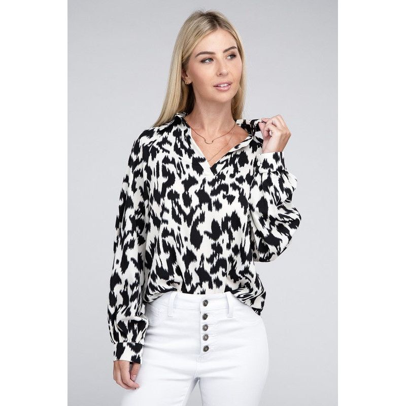 NUVI APPAREL White/Black Printed Buttoned-down Blouse