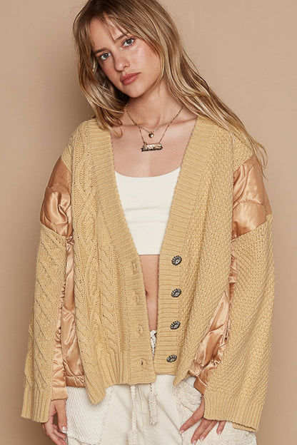 POL Quilting Patch Button Up Cable Knit Jacket in Camel Multi