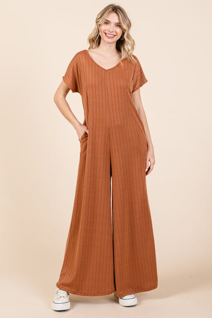 BOMBOM Women's Casual Camel Ribbed Short Sleeve Wide Leg Jumpsuit