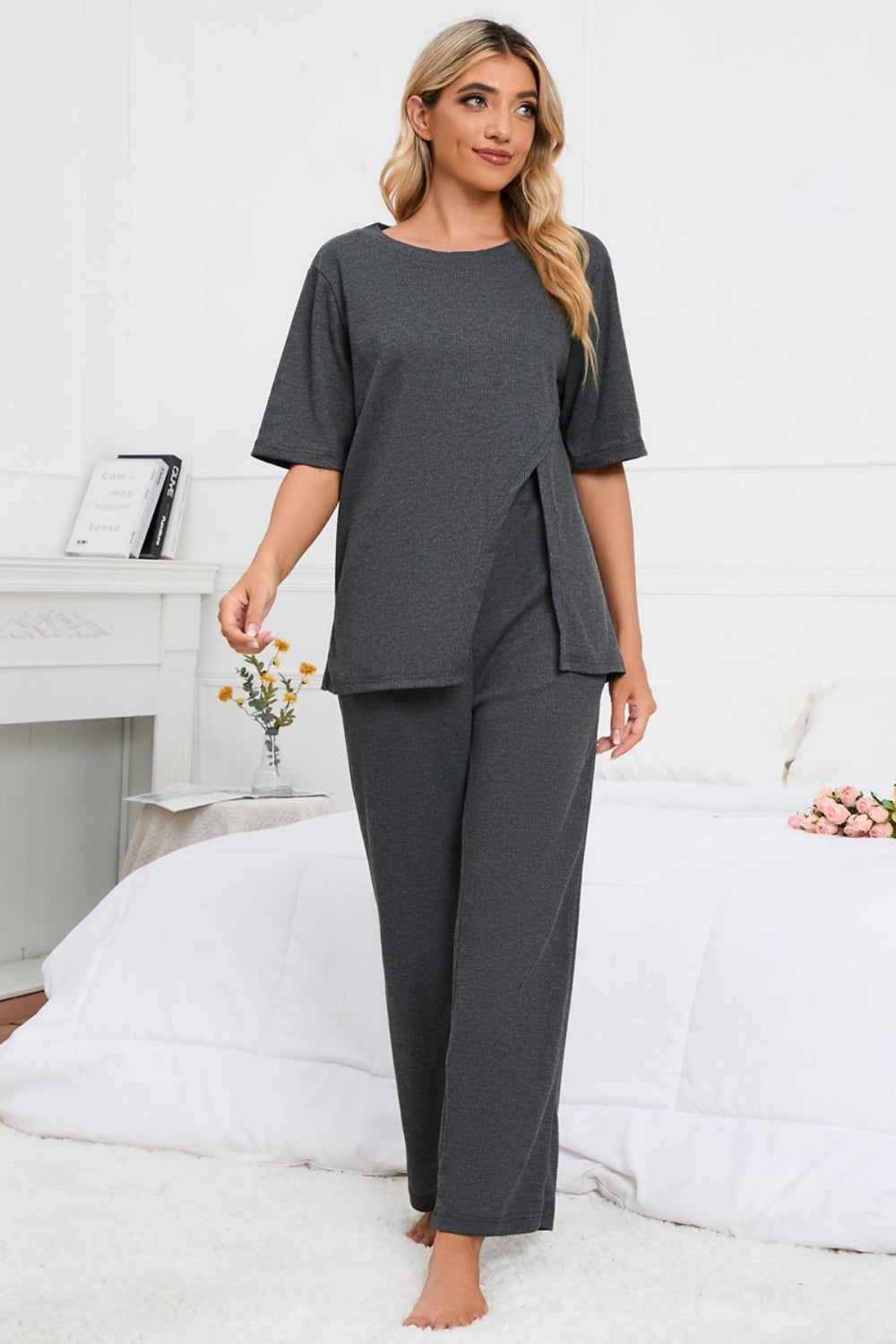 2 Piece Dark Grey Slit Round Neck Top and Pants Lounge Set