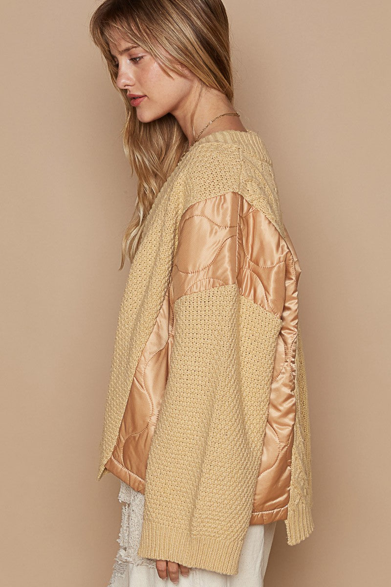 POL Quilting Patch Button Up Cable Knit Jacket in Camel Multi