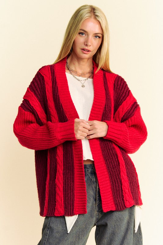 DAVI & DANI Women's Burgundy Cable-Knit Color Block Open Front Cardigan