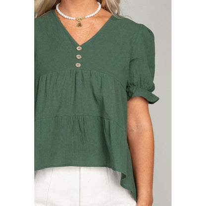 NUVI APPAREL Dark Green Button Front Puff Sleeve Blouse