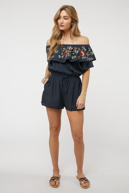 DAVI & DANI Floral Embroidered Off Shoulder Romper