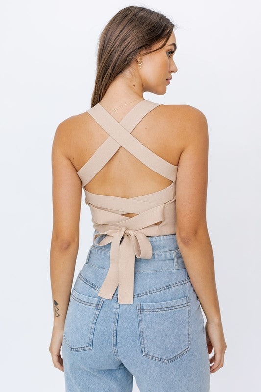 LE LIS Ribbed Chic Knit Cami Top with Crossed and Laced Back