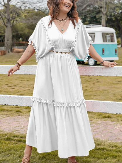 H.R.Z. Women's Plus Size White Maxi Boho Tassel Dress with Smocked V-Neck & Half Sleeve